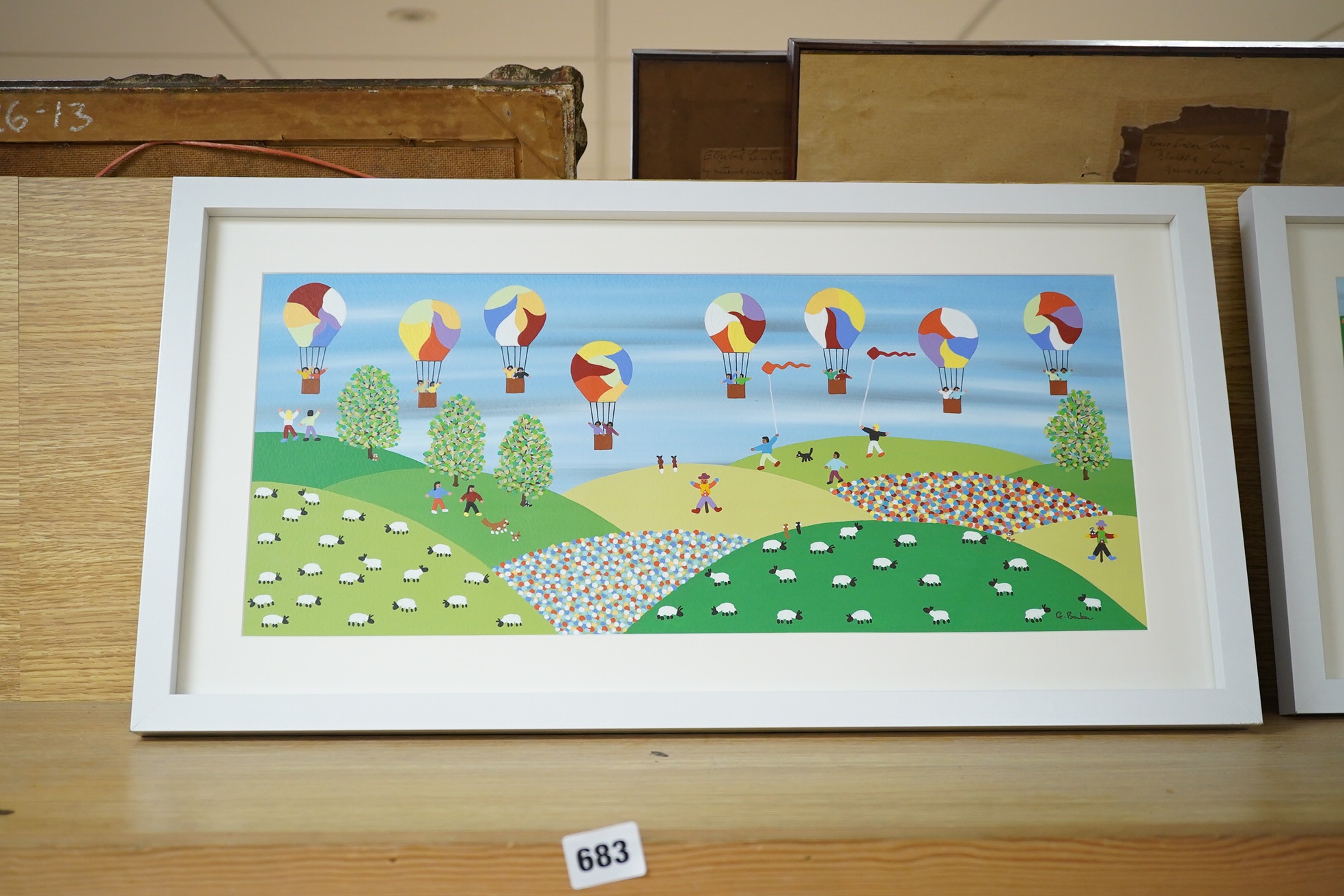 Gordon Barker (b.1960), acrylic on paper, ‘Balloons in the Countryside’, 22x52cm. Condition - good